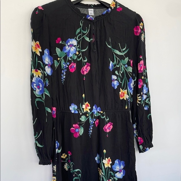 Old Navy Pink and Blue Floral Long Sleeve Black Dress with Ruffled Collar Small - Picture 6 of 12